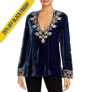 EMI VELVET EMBROIDERED HOODED TUNIC IN SAPPHIRE BLUE (Medium)